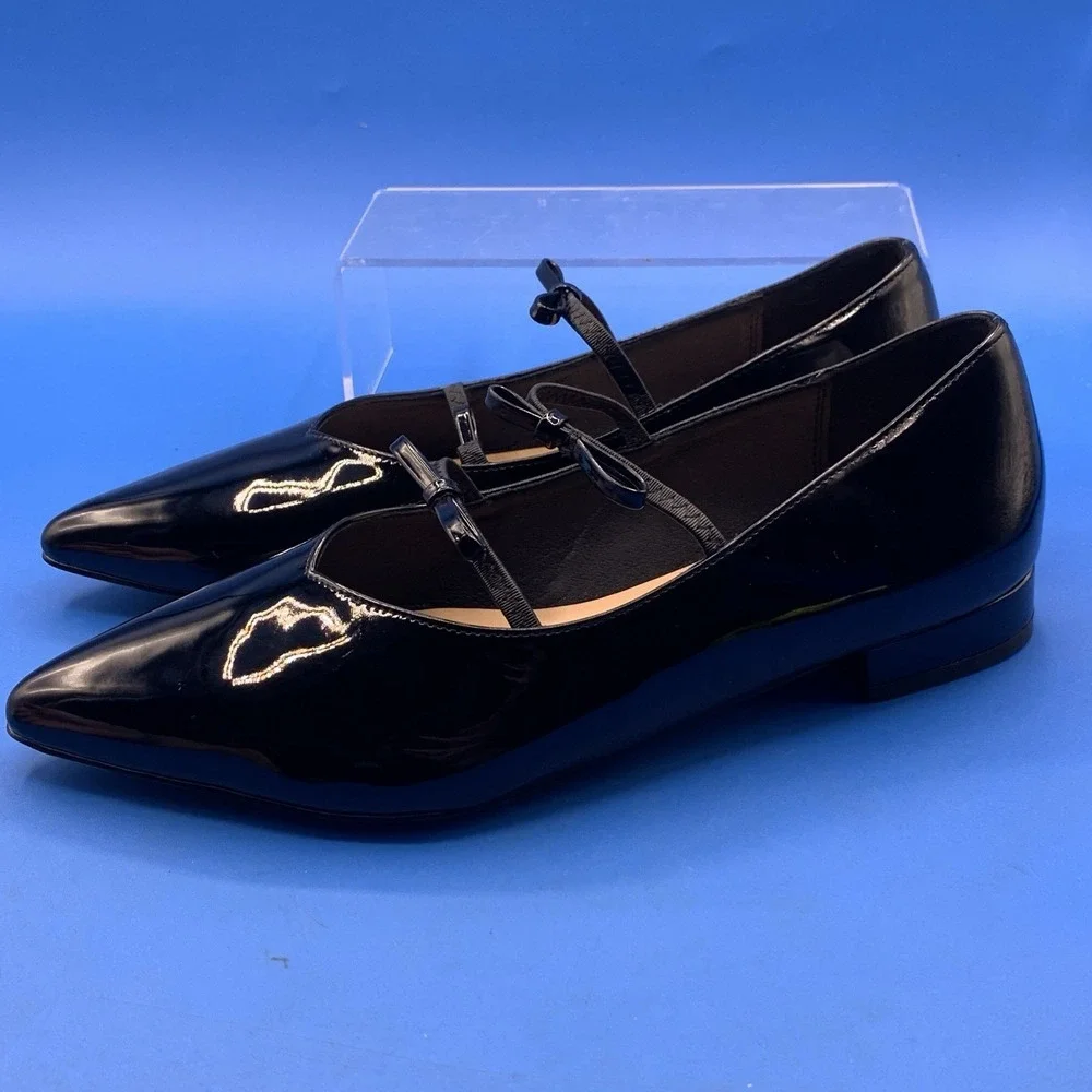 Lovirs Women's Black Double Bow Pointed Toe Faux Patent Leather Flats - Size 10